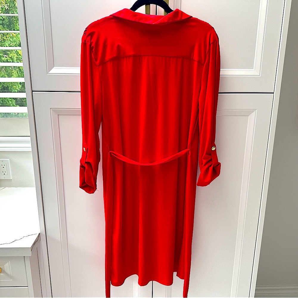 Emma & Michele Sophisticated Casual Corporate Bold Red Dress with Tie Belt - Picture 4 of 8